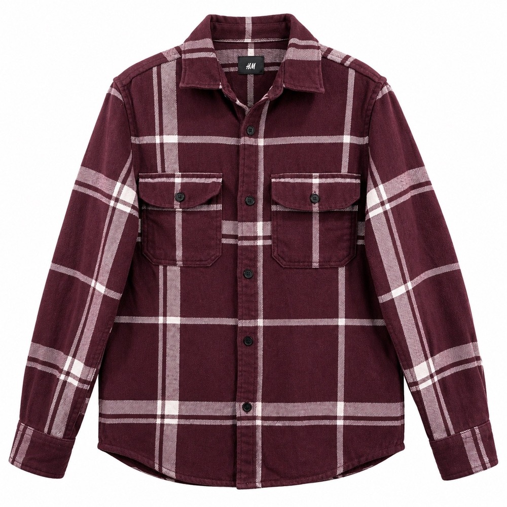 H&M Shirt Regular Fit Plaid Flannel Small Burgundy Maroon Button Up Lumberjack